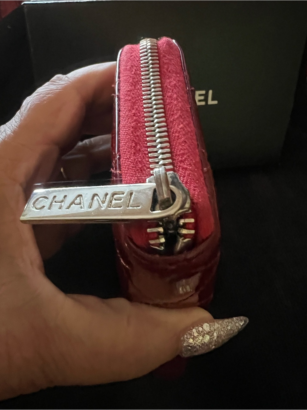 CHANEL Quilted Patent Leather Zip Wallet - Cherry Red - Picture 7 of 13